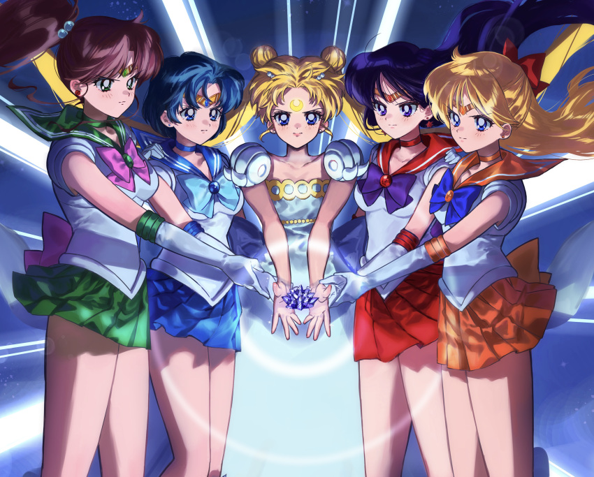 5girls absurdres bangs bare_legs bishoujo_senshi_sailor_moon blonde_hair blue_bow blue_bowtie blue_choker blue_eyes blue_hair blue_sailor_collar blue_skirt blush bow bowtie brown_hair choker circlet closed_mouth collarbone collared_shirt double_bun dress earrings elbow_gloves facial_mark floating_hair gloves green_choker green_eyes green_sailor_collar green_skirt hair_bobbles hair_intakes hair_ornament hand_on_another's_shoulder high_ponytail highres inner_senshi jewelry long_hair miniskirt multiple_girls orange_choker orange_sailor_collar orange_skirt p_m_ame parted_bangs pleated_skirt princess_serenity purple_bow purple_bowtie purple_eyes purple_hair red_choker red_sailor_collar red_skirt sailor_collar sailor_collar_lift sailor_jupiter sailor_mars sailor_mercury sailor_senshi_uniform sailor_shirt sailor_venus shiny shiny_hair shirt short_hair skirt sleeveless sleeveless_shirt standing very_long_hair white_dress white_gloves white_shirt