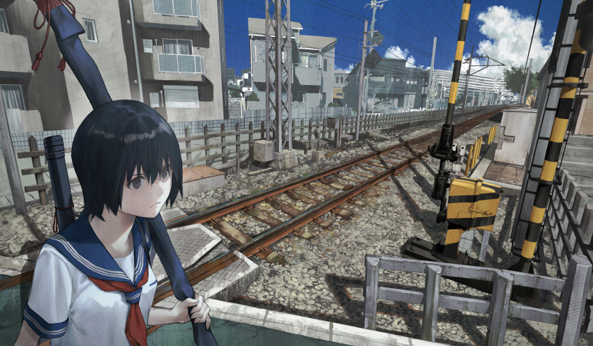 1girl absurdres bangs black_eyes black_hair blue_sailor_collar blue_sky building closed_mouth cloud commentary_request highres holding house kento_matsuura neckerchief original power_lines railroad_crossing railroad_tracks red_neckerchief sailor_collar school_uniform serafuku shadow short_hair short_sleeves sky solo summer upper_body utility_pole