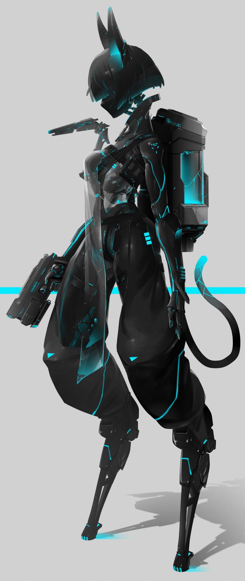 1girl absurdres android arms_at_sides backpack bag black_skin colored_skin digitigrade echanis_enicha finger_on_trigger full_body grey_background gun handgun highres holding holding_gun holding_weapon mechanical_ears original see-through shadow solo standing tail weapon