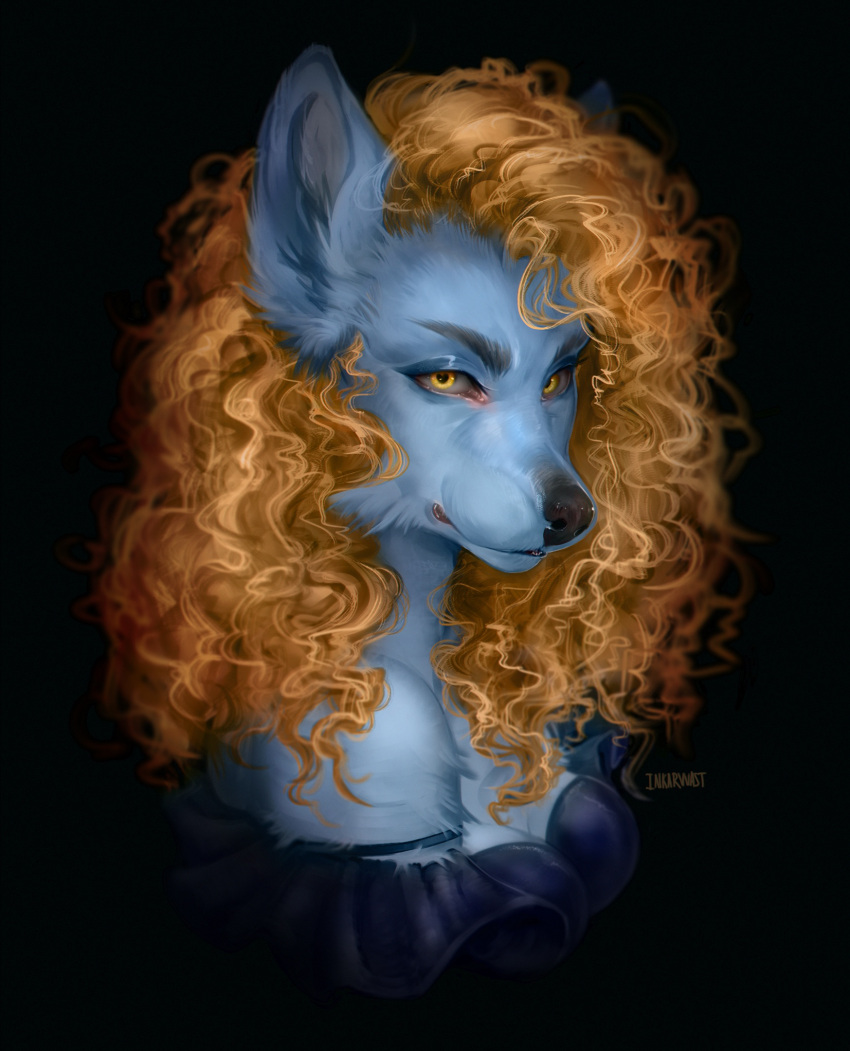 anthro blonde_hair blue_body blue_fur canid canine curled_hair female fox fur hair hi_res inkarwast mammal portrait solo victoria_voss yellow_eyes