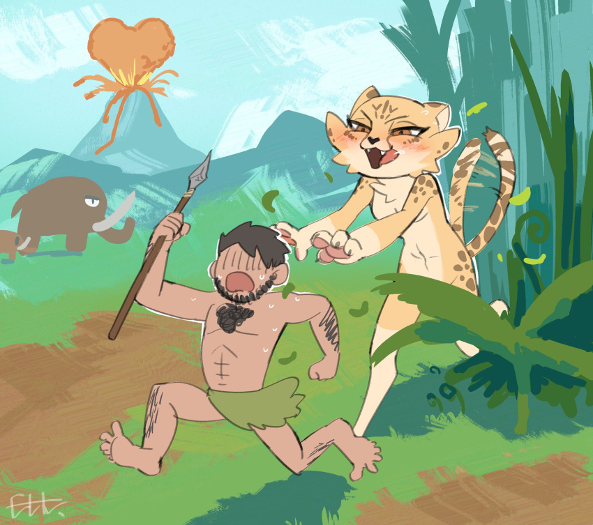 &lt;3 akino_(kemokin_mania) anthro barefoot beard black_hair blush body_hair brown_spots caveman chasing cheetah chest_hair duo elephantid facial_hair feet felid feline female hair hi_res human jungle kemokin_mania leaf male male/female mammal mammoth melee_weapon mountain nature nude open_mouth polearm prehistoric proboscidean running_away scared smoke spear spots tail_motion tailwag tongue tongue_out tribal_clothing volcano weapon