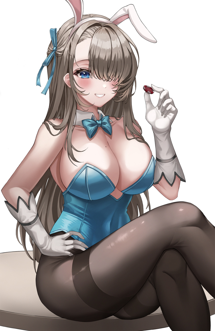 1girl \||/ animal_ears asuna_(blue_archive) asuna_(bunny)_(blue_archive) bare_arms bare_shoulders black_legwear blue_archive blue_bow blue_bowtie blue_eyes blue_leotard blue_ribbon bow bowtie breasts brown_hair chips cleavage clenched_teeth collarbone commentary crossed_legs detached_collar fake_animal_ears food forehead gloves hair_over_one_eye hair_ribbon hand_on_hip highleg highleg_leotard highres holding large_breasts leotard looking_at_viewer mole mole_on_breast no_bra official_alternate_costume open_mouth pantyhose playboy_bunny pointy_breasts ribbon seemu_(wnslqjdignv_) shadow simple_background sitting smile solo strapless strapless_leotard teeth thighs white_background white_gloves