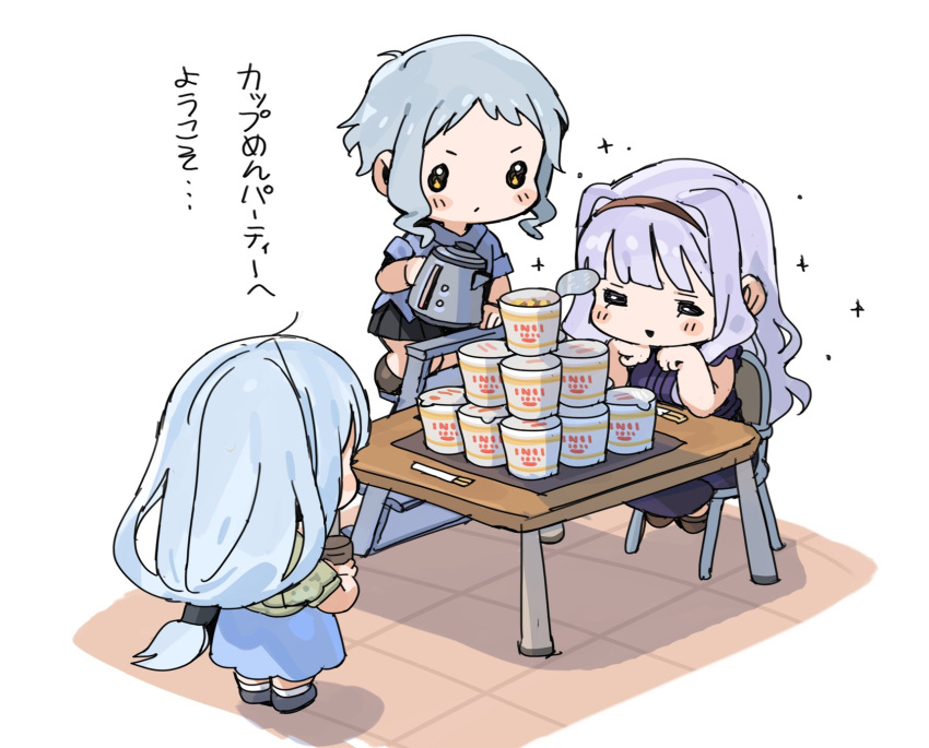 3girls =_= black_skirt blush_stickers chibi chopsticks elbow_rest from_behind full_body hairband highres holding idolmaster idolmaster_million_live! instant_ramen makabe_mizuki miniskirt multiple_girls on_chair shijou_takane shiraishi_tsumugi shoes sitting skirt sparkle spawnfoxy standing table tile_floor tiles white_legwear