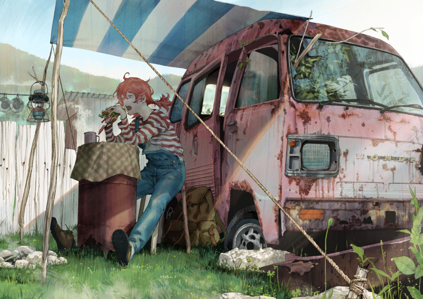 1girl absurdres backpack bag blue_overalls branch brown_footwear camping drum_(container) eating food grass ground_vehicle highres holding holding_food kento_matsuura low_twintails motor_vehicle open_mouth original overalls red_eyes red_hair rope rust sandwich shirt shoes solo striped striped_shirt twintails van wreckage