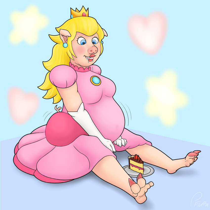 1:1 2022 5_fingers 5_toes armwear barefoot belly belly_expansion big_belly big_butt blonde_hair blue_eyes bodily_fluids breasts bubble_butt butt butt_expansion cake clothed clothing colored crown crown_jewels curled_tail dessert digital_drawing_(artwork) digital_media_(artwork) domestic_pig dress drooling ear_piercing ear_ring elbow_gloves expansion eyelashes eyeliner feet female fingers folded_ears food foot_transformation gloves hair handwear hi_res hooves hungry jewelry light_body light_skin lips lipstick long_hair looking_down makeup mammal mario_bros mid_transformation nails nintendo open_mouth open_smile overweight overweight_female pagefluffa piercing pig_nose pink_clothing pink_dress plate potbelly princess_peach puffy_short_sleeves puffy_sleeves red_lips red_lipstick rosy_cheeks round_face saliva shaded short_snout simple_background sitting smile solo species_transformation spread_legs spreading star suid suina sus_(pig) toes tongue transformation video_games weight_gain white_clothing white_gloves white_handwear