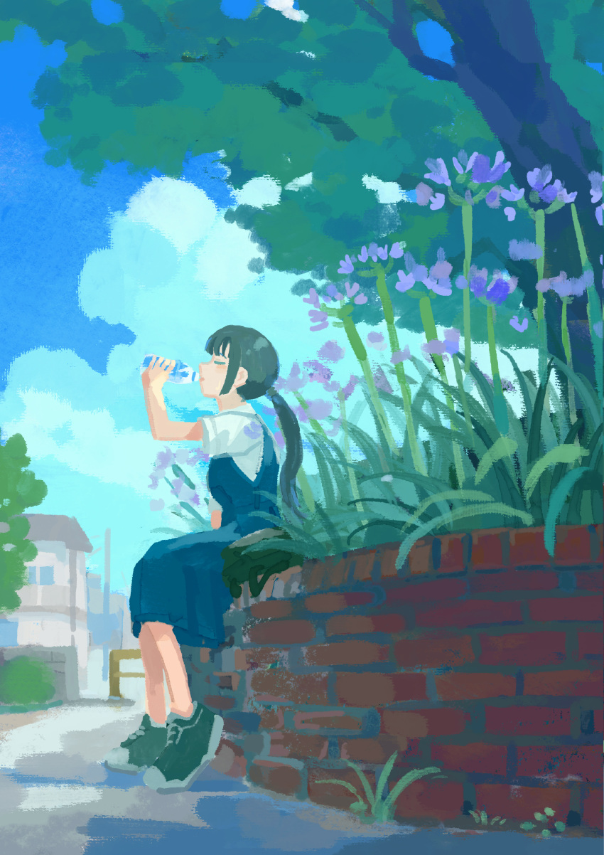 1girl absurdres bangs black_footwear black_hair bottle city closed_eyes cloud cloudy_sky commentary day drinking flower from_side grass hand_up highres katakai long_hair original outdoors overalls plant ponytail shoes sitting sky sneakers solo tree water_bottle