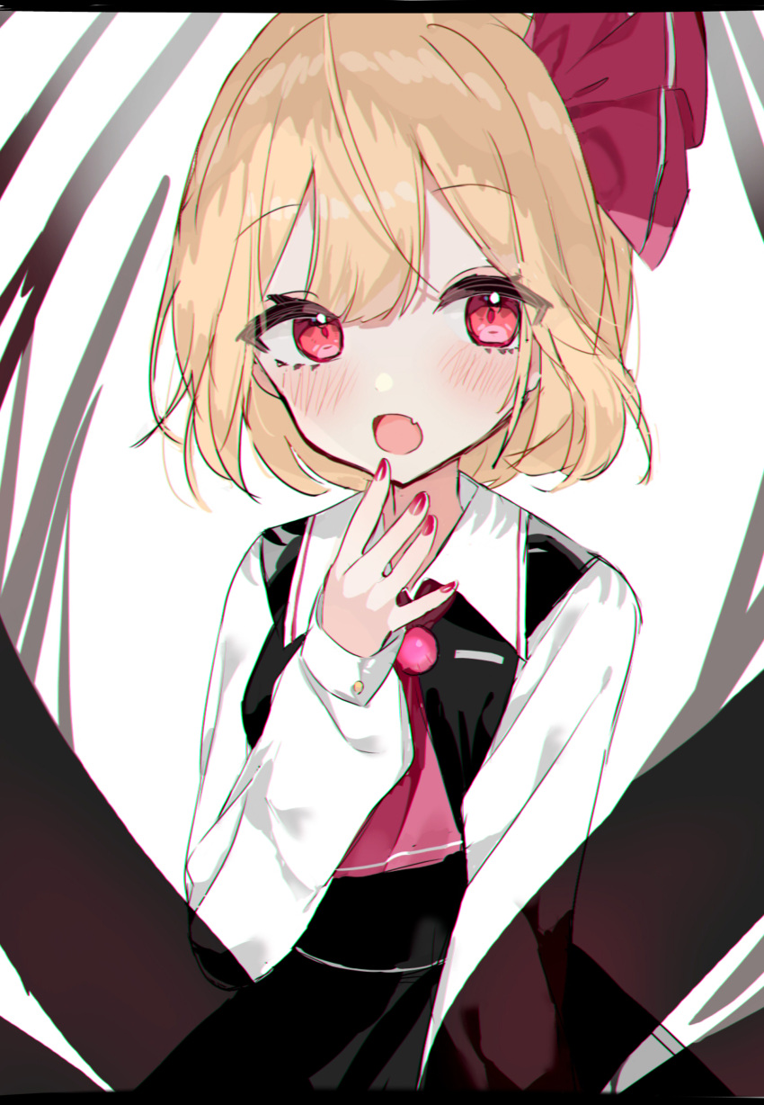 1girl absurdres ascot black_skirt black_vest blonde_hair collared_shirt commentary_request eyebrows_visible_through_hair fang highres long_sleeves looking_at_viewer nail_polish open_mouth red_ascot red_eyes red_nails rumia shirt short_hair simple_background skirt skirt_set solo touhou vest white_background white_shirt yumeno_ruruka