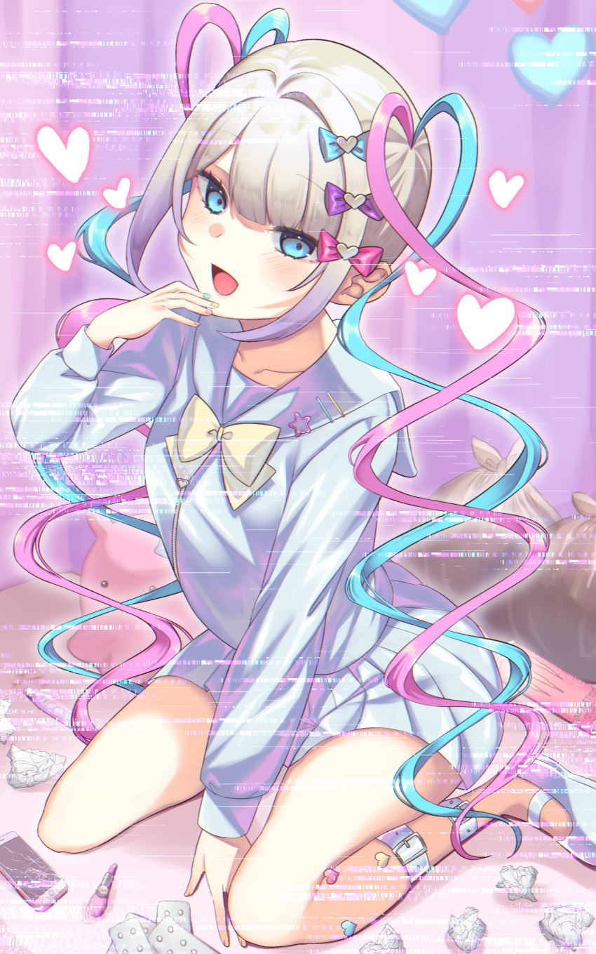 1girl absurdres bangs blood blue_eyes blunt_bangs blush bow boxcutter chouzetsusaikawa_tenshi-chan chromatic_aberration collarbone cosmetics cracked_phone glitch grey_hair hands_on_own_face heart highres holographic_clothing large_bow leg_belt lipstick_tube looking_at_viewer monster_energy multicolored_nails needy_girl_overdose phone pill pin quad_tails shoes solo trash_bag uissu used_tissue zipper