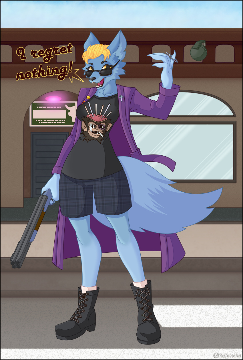 anthro bathrobe blonde_hair blue_body blue_fur boots canid canine clothing explosives eyewear female footwear fox fur grenade gun hair hi_res mammal postal_(series) postal_4 ranged_weapon robe rocueto shotgun solo speech_bubble sunglasses throwing_object victoria_voss weapon yellow_eyes