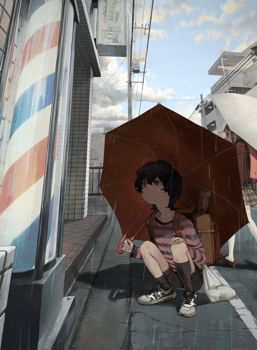 1girl 1other absurdres androgynous backpack bag barber_pole black_hair black_legwear brown_hair building child cloud cloudy_sky female_child highres holding holding_umbrella kento_matsuura kneehighs long_sleeves original outdoors plaid plaid_skirt power_lines rain randoseru shirt shoes short_hair skirt sky sneakers solo_focus squatting striped striped_shirt umbrella utility_pole walking white_footwear