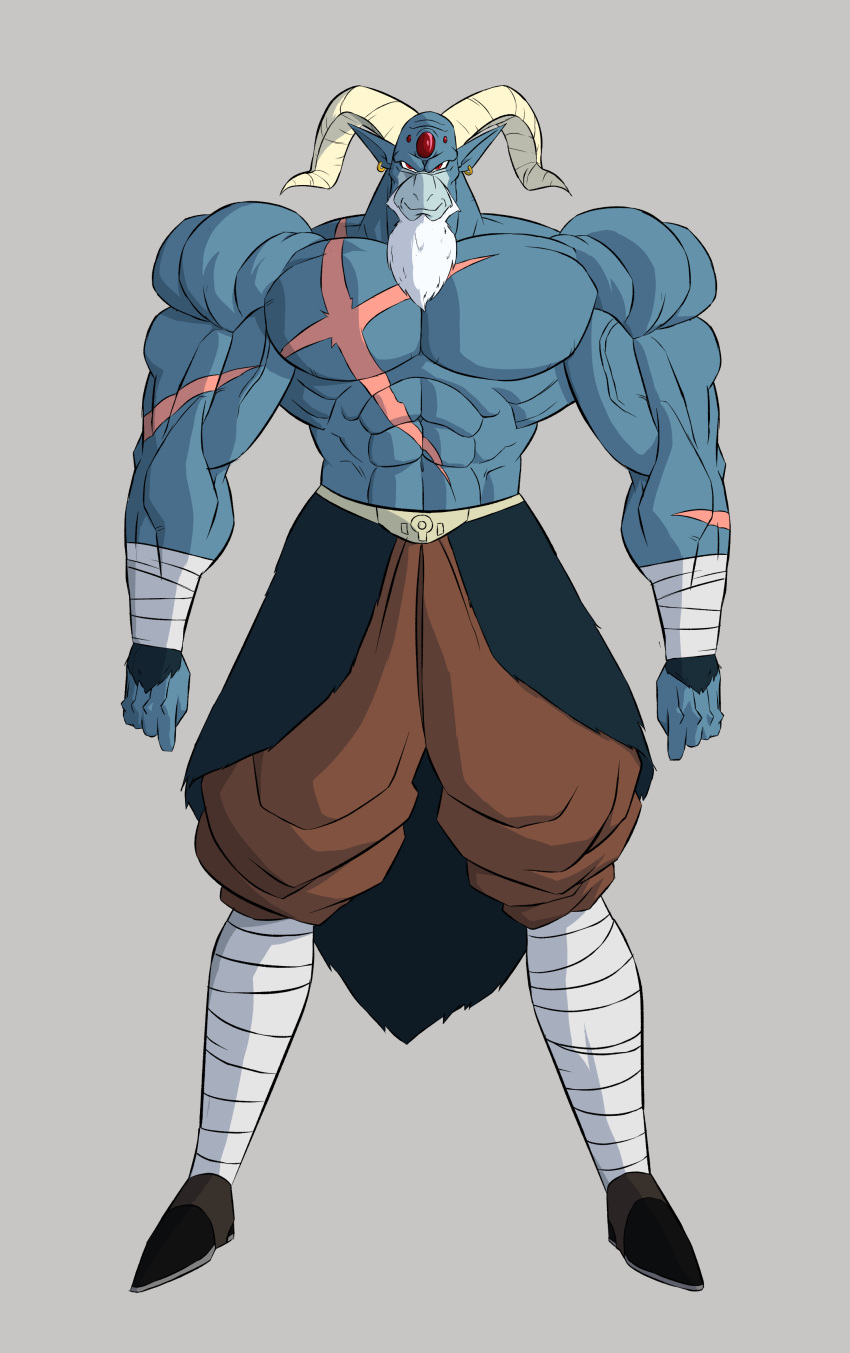 abs absurd_res anthro beard bovid caprine demon dragon_ball dragon_ball_super ear_piercing ear_ring facial_hair goat hi_res horn levionb123 male mammal mature_male moro muscular muscular_male piercing scar shirtless solo