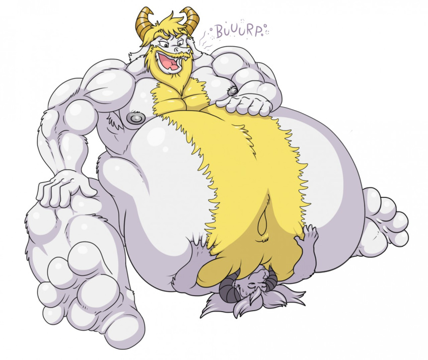 anthro asgore_dreemurr barefoot belly belly_smother big_belly bloated blonde_hair body_hair bovid burping caprine duo eggo21 feet fur goat hair hand_on_stomach horn male male/male mammal mature_male muscular navel nipples obese open_mouth overweight size_difference smothering strongfat undertale undertale_(series) video_games white_body white_fur