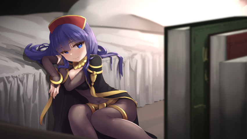 bed blue_eyes blue_hair blurry bodystocking bookshelf breasts bridal_gauntlets cape cleavage cosplay covered_navel depth_of_field eyebrows_visible_through_hair fire_emblem fire_emblem:_the_binding_blade fire_emblem_awakening hat highres lilina_(fire_emblem) looking_at_viewer oren_(770len) pillow reclining skin_tight smile tharja_(fire_emblem) tharja_(fire_emblem)_(cosplay)