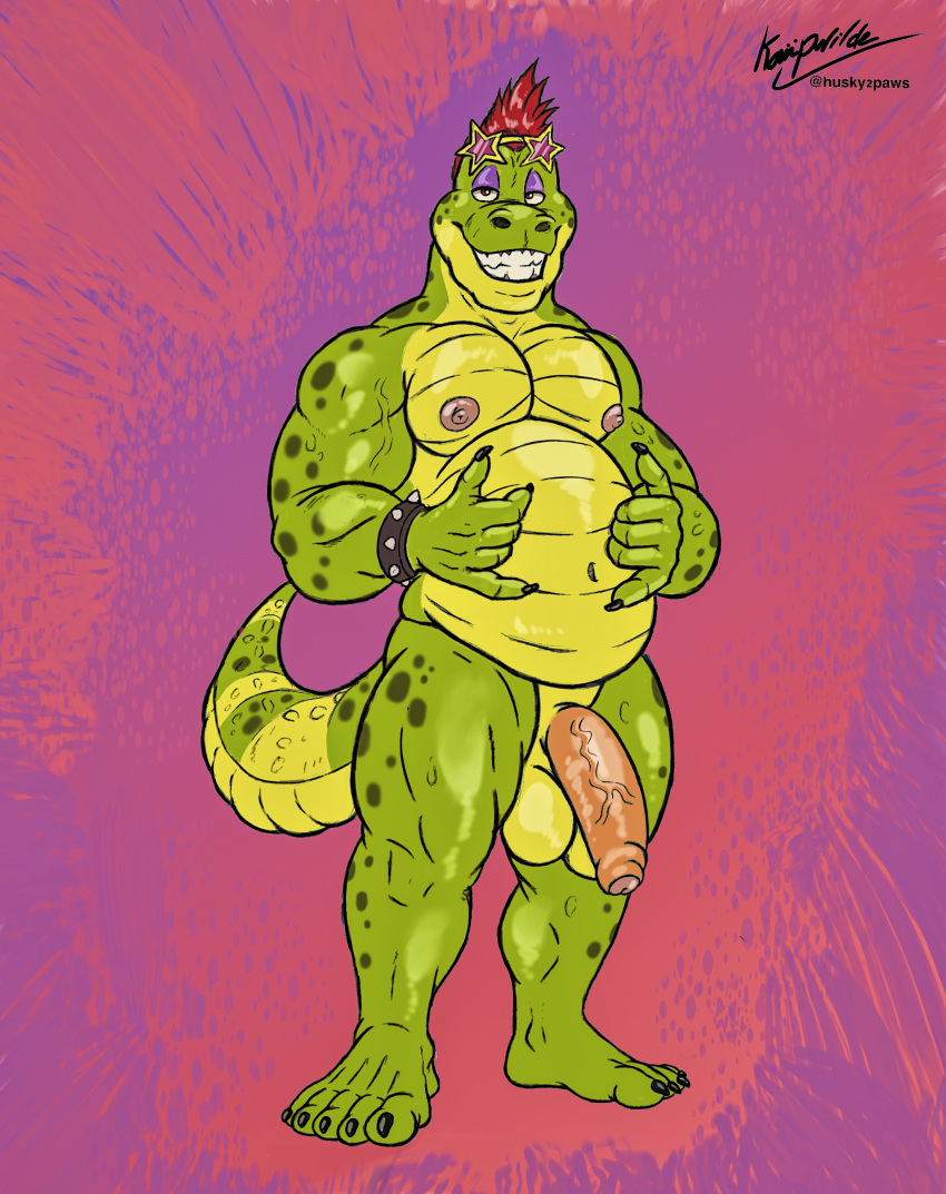 5_toes absurd_res alligator alligatorid anthro balls barefoot belly belly_overhang claws crocodilian digital_drawing_(artwork) digital_media_(artwork) feet five_nights_at_freddy's five_nights_at_freddy's:_security_breach genitals green_body hi_res humanoid_feet humanoid_genitalia humanoid_penis kaiipwilde_(artist) looking_at_viewer male montgomery_gator_(fnaf) monty muscular muscular_anthro muscular_male nipples nude penis plantigrade pornography reptile scalie scottgames slightly_chubby smile solo teeth toes video_games
