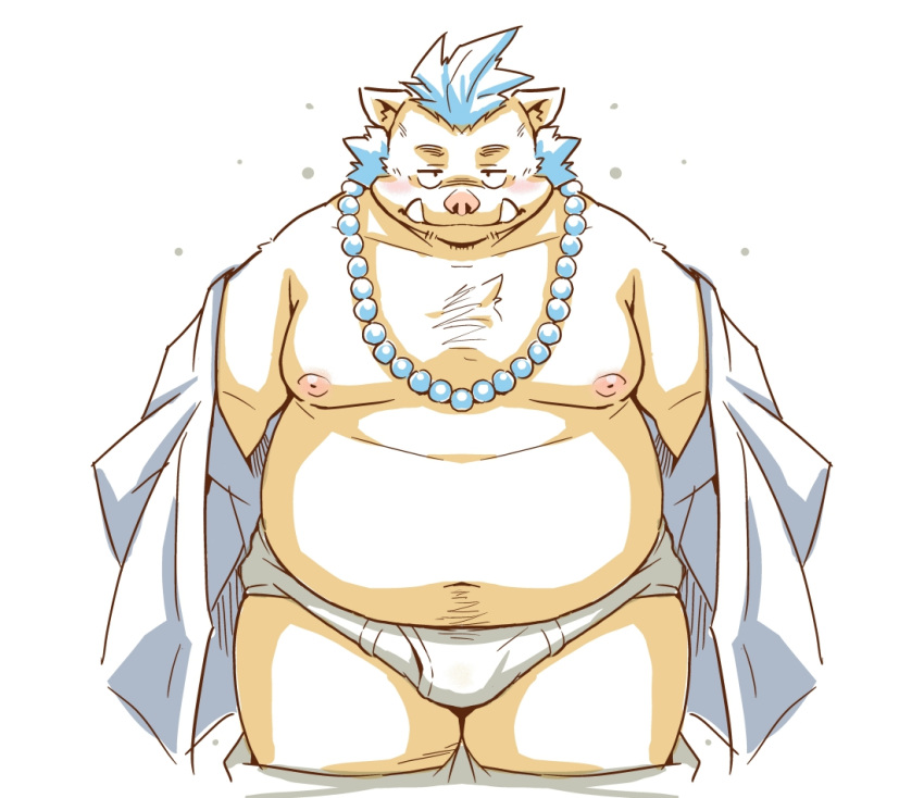 2022 anthro belly big_belly blush clothed clothing gouryou kemono lifewonders male mammal moobs nipples open_clothing open_shirt open_topwear overweight overweight_male shirt solo suid suina sus_(pig) takagi_kyou tokyo_afterschool_summoners topwear underwear undressing video_games wild_boar