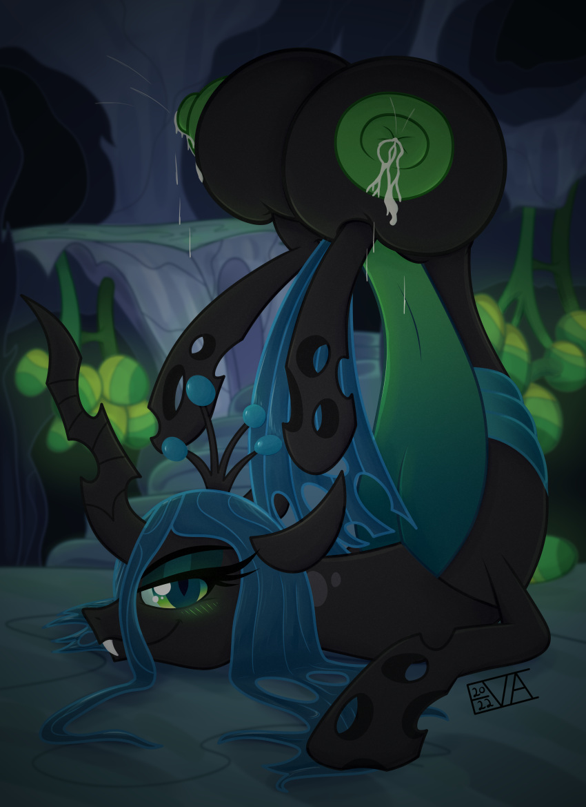 absurd_res arthropod ass_up big_teats black_body blue_hair blush bodily_fluids changeling crown egg evan555alpha eyelashes fangs female feral friendship_is_magic green_eyes green_nipples hair half-closed_eyes hasbro hi_res horn lactating looking_at_viewer milk my_little_pony narrowed_eyes nipples non-mammal_teats queen_chrysalis_(mlp) signature smile smug solo teats