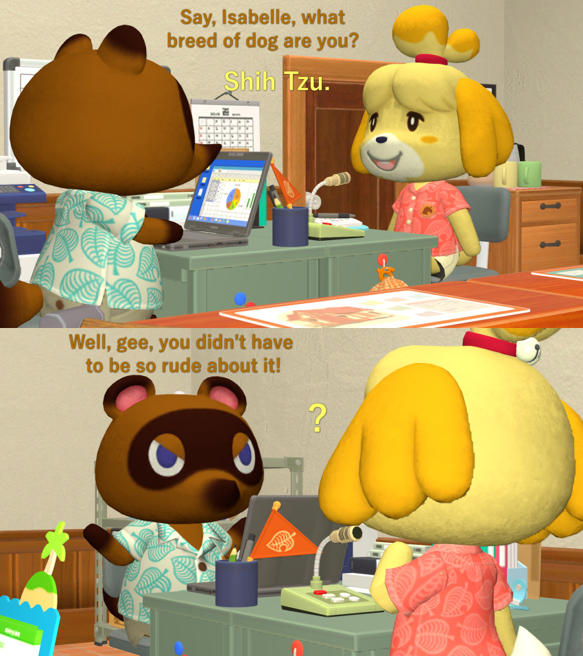 3d_(artwork) animal_crossing anthro canid canine canis clothed clothing dialogue digital_media_(artwork) domestic_dog english_text female hi_res isabelle_(animal_crossing) male mammal nintendo papadragon69 question_mark raccoon_dog shih_tzu shirt sitting tanuki text tom_nook_(animal_crossing) topwear toy_dog video_games