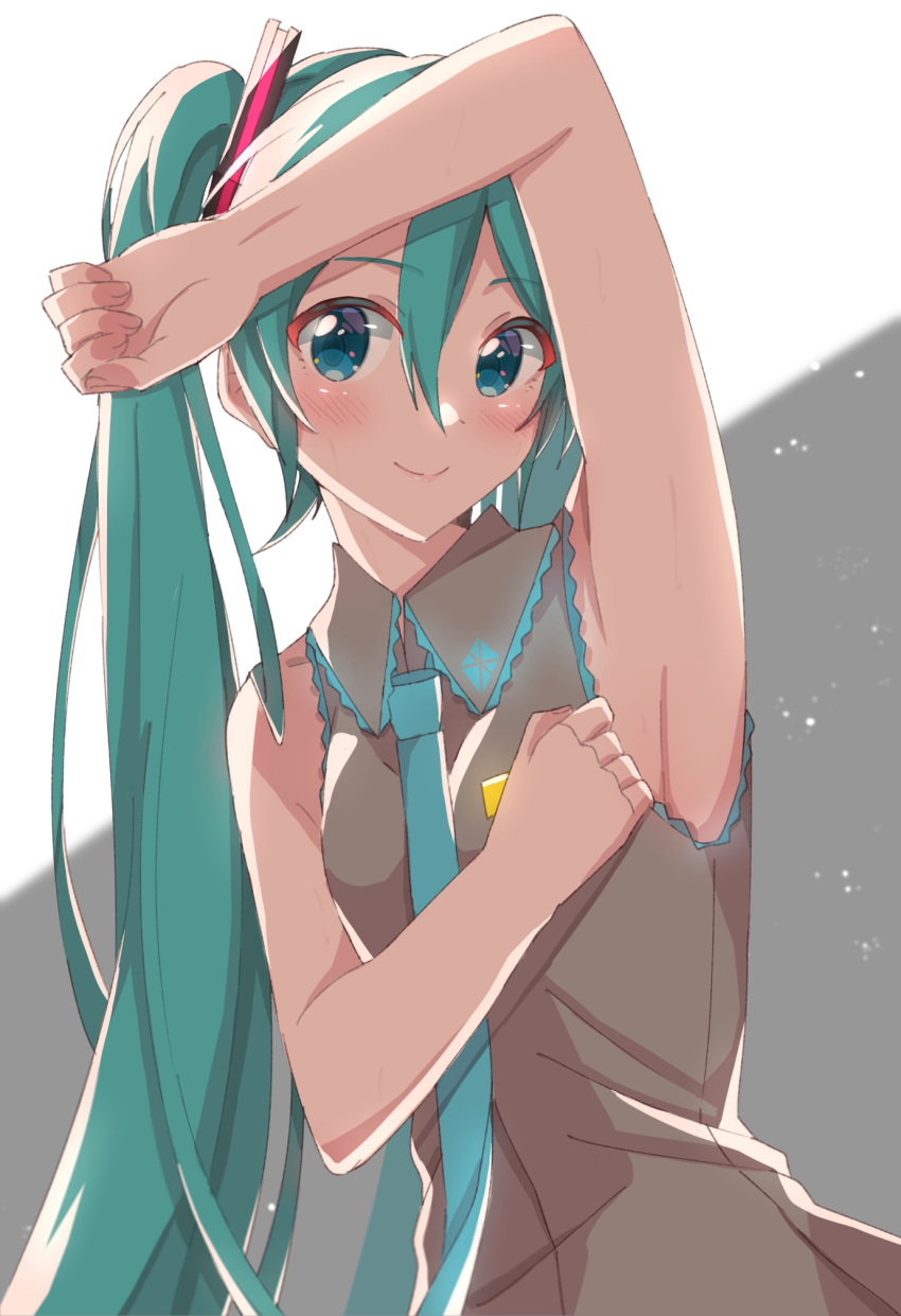 1girl aqua_eyes aqua_necktie arm_up armpits bare_arms blush breasts collarbone commentary_request eyebrows_visible_through_hair grey_background grey_shirt hair_between_eyes hatsune_miku highres looking_at_viewer necktie presenting_armpit shadow shiny shiny_hair shirt sleeveless sleeveless_shirt small_breasts smile solo supo01 twintails two-tone_background upper_body vocaloid white_background