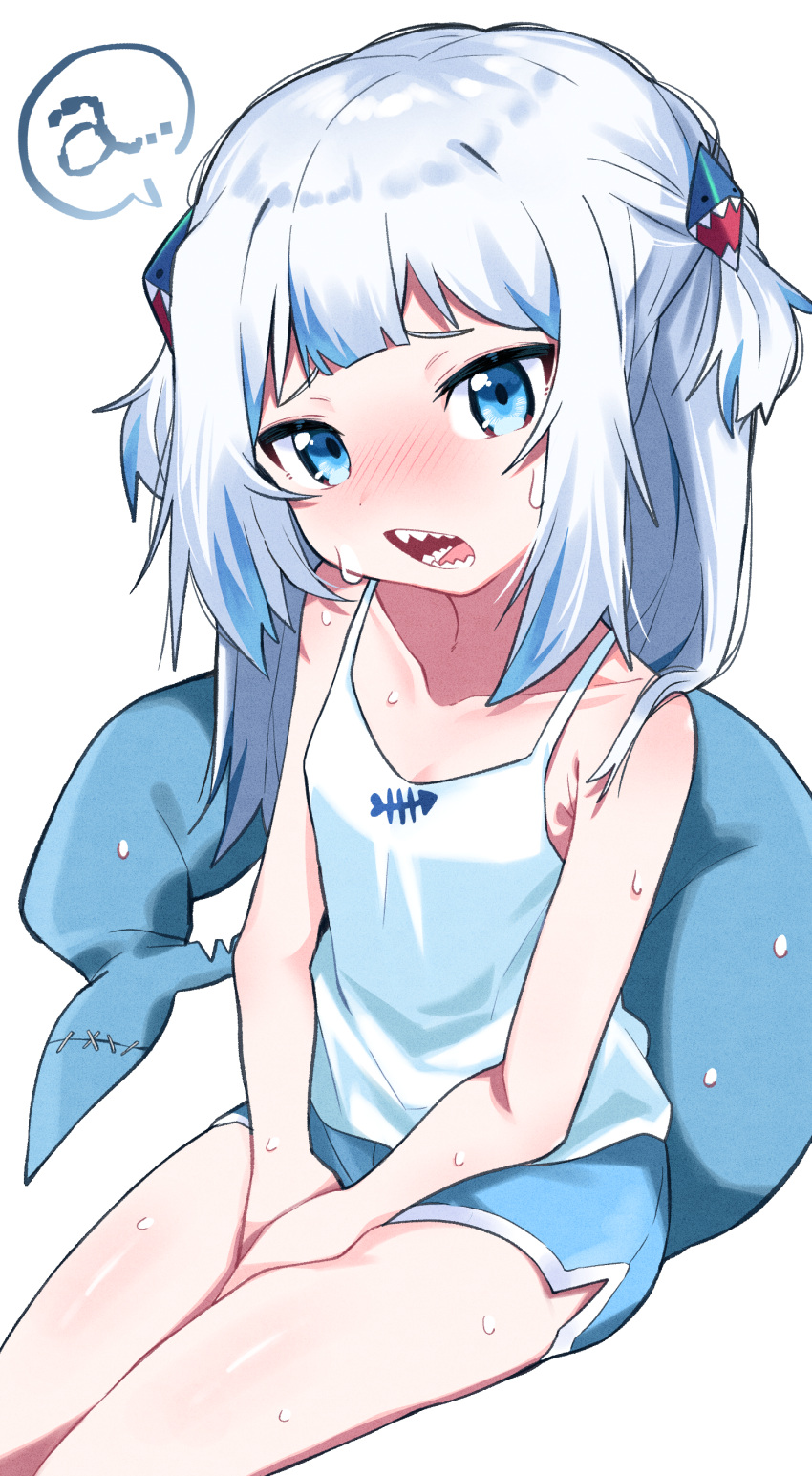 1girl absurdres bare_arms bare_shoulders between_legs blue_eyes blue_hair blue_shorts blush breasts camisole cleavage collarbone commentary english_commentary fish_tail gawr_gura hair_ornament hand_between_legs highres hololive hololive_english looking_at_viewer multicolored_hair open_mouth shark_girl shark_hair_ornament shark_tail sharp_teeth short_shorts shorts simple_background sitting small_breasts solo spoken_letter streaked_hair sweat tail teeth tosyeo two_side_up virtual_youtuber white_background white_camisole white_hair