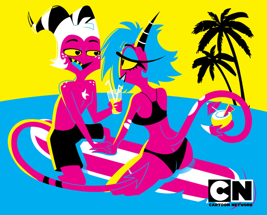 &lt;3 &lt;3_eyes 2021 absurd_res alcohol anthro beverage bikini black_bikini black_clothing black_hair black_swimwear body_hair butt cartoon_network cartoon_network_palette_challenge chest_hair clothed clothing cmyk cocktail demon digital_media_(artwork) duo feet_in_water female forked_tail freckles hair hand_holding helluva_boss hi_res horn imp male male/female millie_(helluva_boss) moxxie_(helluva_boss) nedeeress not_furry palm_tree pink_body pink_skin plant sharing_drink shirtless skimpy summer surfboard swimming_trunks swimwear tree two-piece_swimsuit unusual_anatomy unusual_tail wet white_hair yellow_sclera yellow_sky