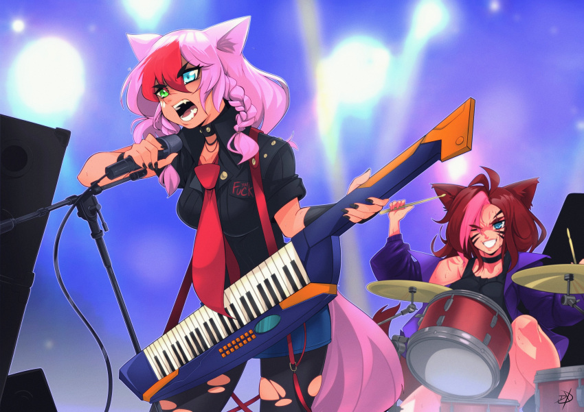 2girls absurdres animal_ears antenna_hair avatar_(ff14) bangs breasts cat_ears cat_tail choker commission dark-skinned_female dark_skin delux_drawings drum drum_set facial_mark final_fantasy final_fantasy_xiv heterochromia highres instrument long_hair medium_breasts microphone microphone_stand miqo'te multiple_girls one_eye_closed pantyhose pink_hair red_eyes sabrith_ebonclaw scar scar_across_eye tail tayelle_ebonclaw torn_clothes torn_legwear whisker_markings