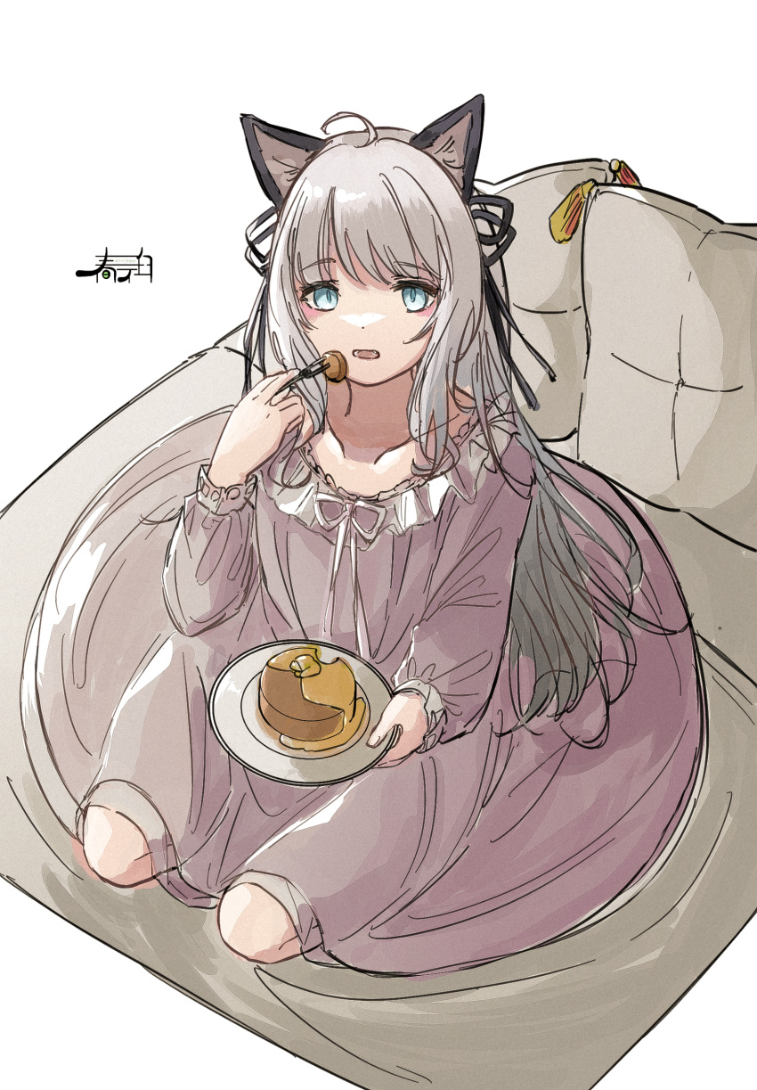 1girl ahoge animal_ear_fluff animal_ears arknights bangs blue_eyes dress eyebrows_visible_through_hair food fork frilled_dress frills grey_dress grey_hair hand_up harukan_tiusu highres holding holding_fork holding_plate long_hair long_sleeves looking_at_viewer mint_(arknights) open_mouth pancake pillow plate puffy_long_sleeves puffy_sleeves signature simple_background sleeves_past_wrists solo very_long_hair white_background