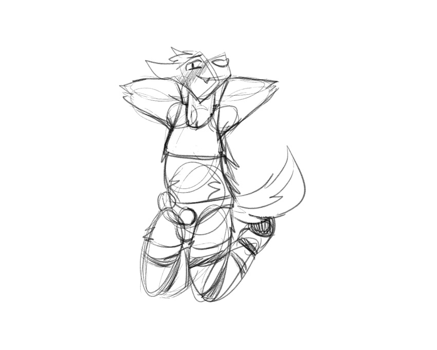 anthro atlas_(boycatcatboy) blush boycatcatboy clothing erection felid genitals hands_behind_head hyaenid kneeling legwear looking_at_viewer male mammal nonbinary_(lore) penis pinup pose smile solo stockings underwear