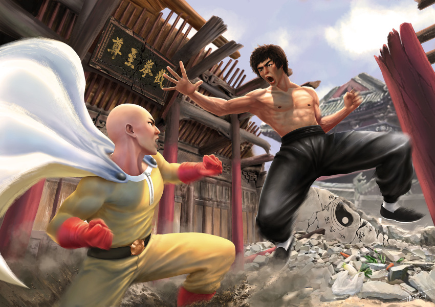 2boys 3d artist_request bald belt black_hair black_pants blonde_hair bruce_lee cape crossover fighting gloves highres looking_at_another multiple_boys one-punch_man pants realistic red_gloves saitama_(one-punch_man) short_hair topless_male white_cape