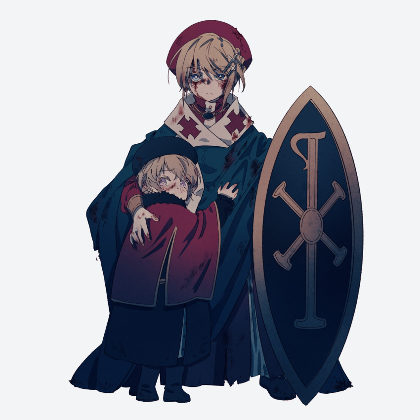 alternate_costume axis_powers_hetalia brother_and_sister cape child clinging female_child fermium.ice hair_ornament hairpin hat highres looking_at_viewer looking_back male_child medieval russia_(hetalia) shield siblings simple_background ukraine_(hetalia) younger