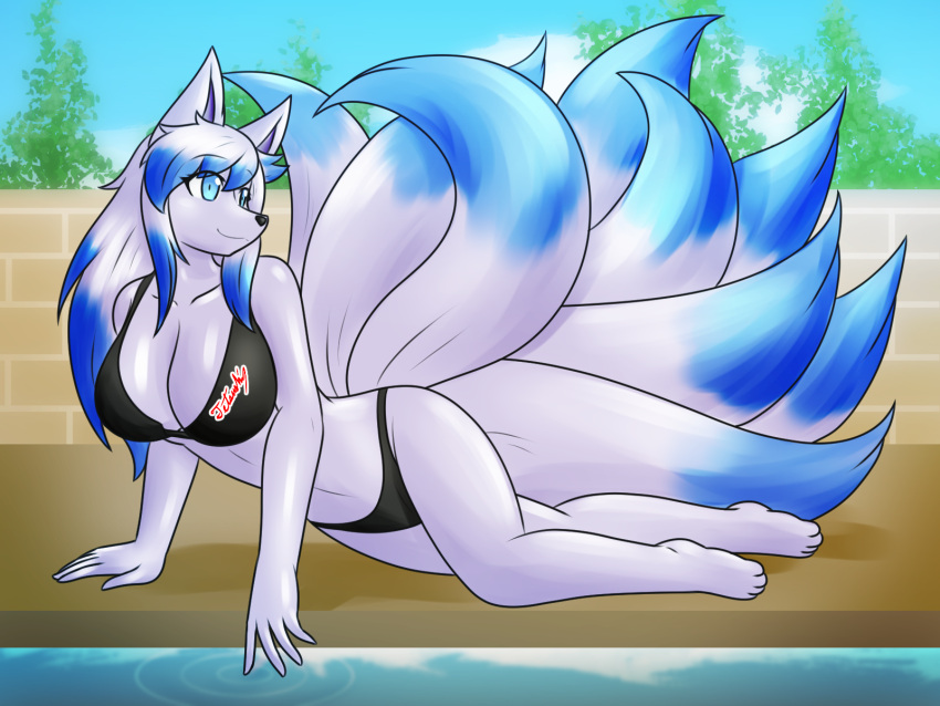 4:3 anthro bikini blue_body blue_eyes blue_fur blue_hair breasts brick canid clothing dipstick_hair dipstick_tail female fur hair hi_res mammal markings multi_tail multicolored_body multicolored_fur ninetales nintendo plant pok&eacute;mon pok&eacute;mon_(species) smile solo swimming_pool swimwear tail_markings tetsushi tree two_tone_body two_tone_fur video_games water white_body white_fur white_hair