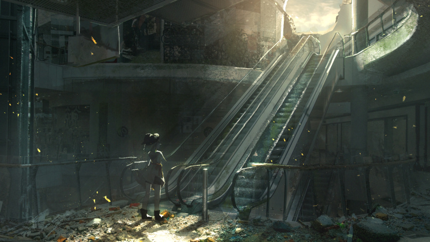 1girl ankle_boots bicycle black_footwear black_hair boots commentary_request escalator facing_away fen_fen_fen_fen ground_vehicle highres light_rays mall moss original post-apocalypse rubble solo standing sunbeam sunlight wide_shot