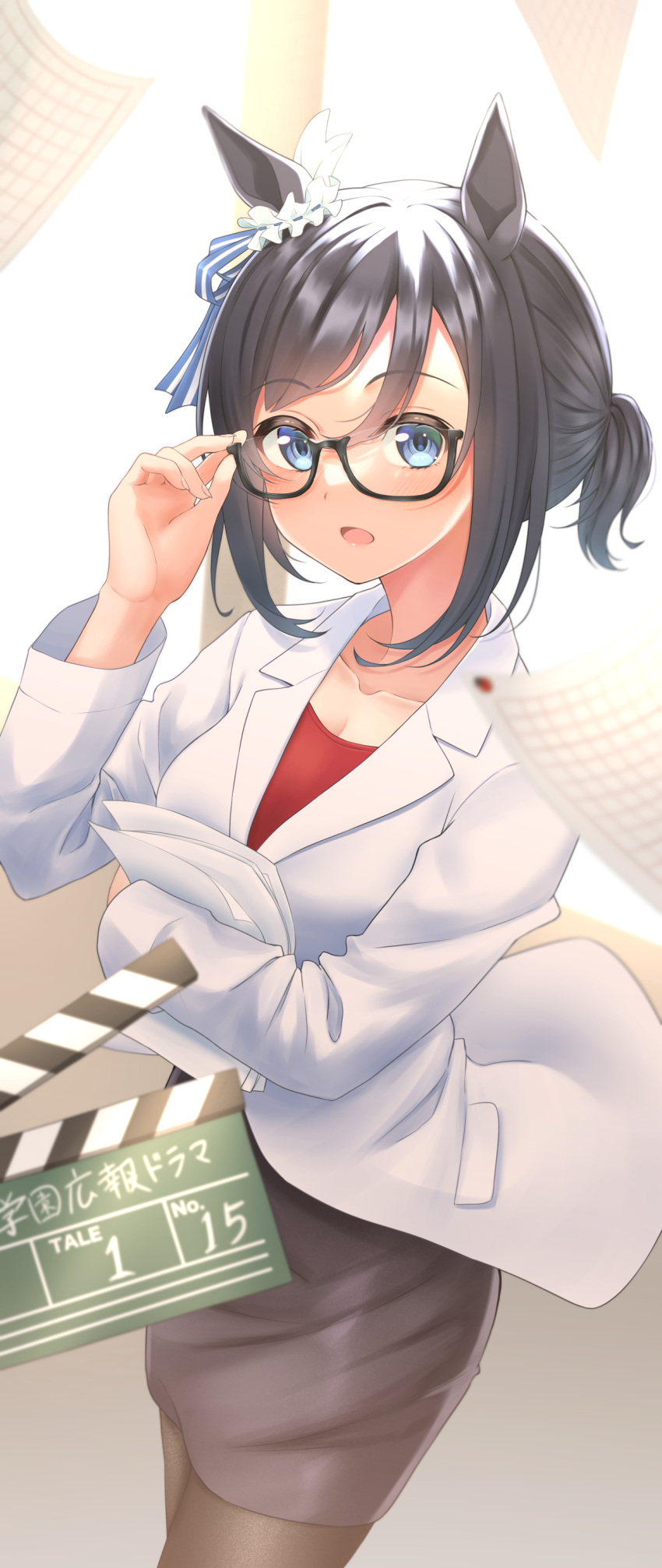 1girl absurdres adjusting_clothes alternate_costume bespectacled black_legwear breasts cleavage collarbone eishin_flash_(umamusume) glasses highres horse_girl large_breasts looking_at_viewer medium_breasts medium_hair open_mouth pantyhose paper solo umamusume yoshiki_3821