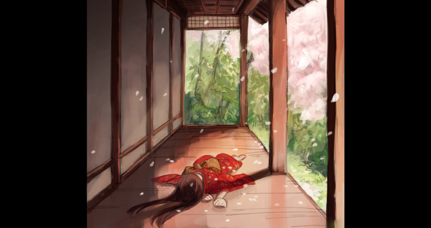 1girl architecture brown_hair cherry_blossoms east_asian_architecture fallen_down hair_spread_out hidden_face house japanese_clothes kimono long_hair lying on_floor on_stomach original outdoors petals print_kimono qwok32 solo veranda