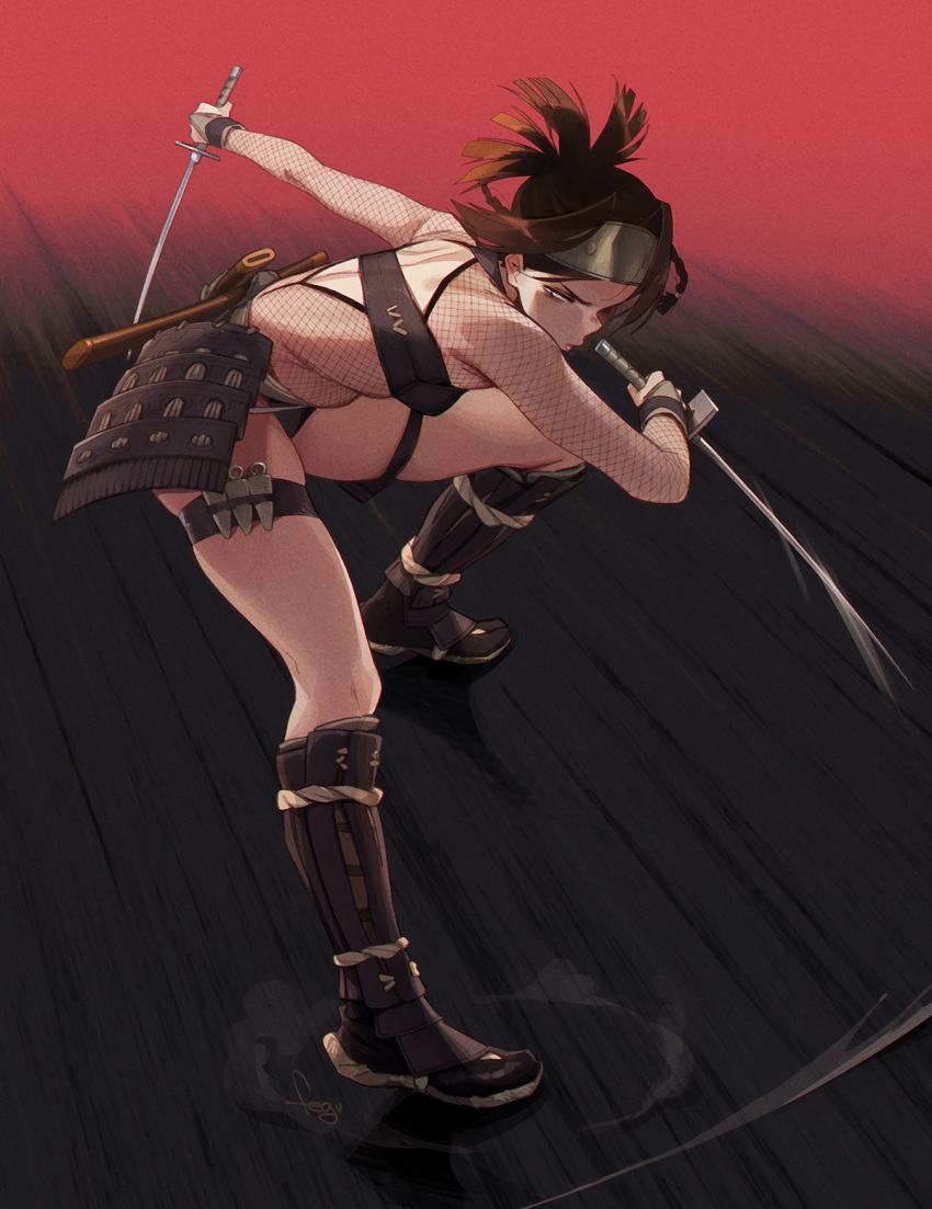1girl action armor ayame_(tenchuu) back_cutout black_panties breasts brown_hair clothing_cutout constricted_pupils dual_wielding dust_cloud english_commentary feguimel fishnet_sleeves fishnet_top fishnets forehead_protector full_body greaves highres holding holding_sword holding_weapon holster japanese_armor kunai motion_blur ninja panties reverse_grip sandals scabbard serious sheath short_hair short_sword small_breasts solo speed_lines strapless sword tantou tenchuu thigh_holster thigh_strap tube_top underwear weapon