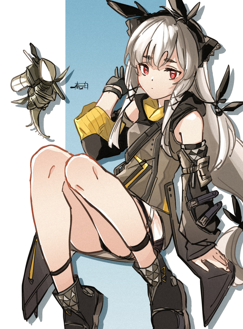 arknights bangs bare_shoulders black_footwear black_gloves black_panties blue_background boots breasts character_request closed_mouth detached_sleeves eyebrows_visible_through_hair gloves grey_hair hand_up harukan_tiusu highres knees_together_feet_apart knees_up long_sleeves looking_at_viewer panties puffy_long_sleeves puffy_sleeves red_eyes short_eyebrows signature skirt sleeves_past_wrists small_breasts thick_eyebrows two-tone_background underwear weedy_(arknights) white_background white_skirt