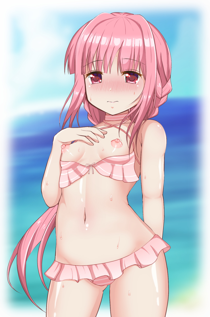 1girl bangs bikini_pull blunt_bangs blush braid breasts clothes_pull highres kokubo long_hair looking_at_viewer magia_record:_mahou_shoujo_madoka_magica_gaiden mahou_shoujo_madoka_magica nipples pink_eyes pink_hair sidelocks small_breasts solo tamaki_iroha