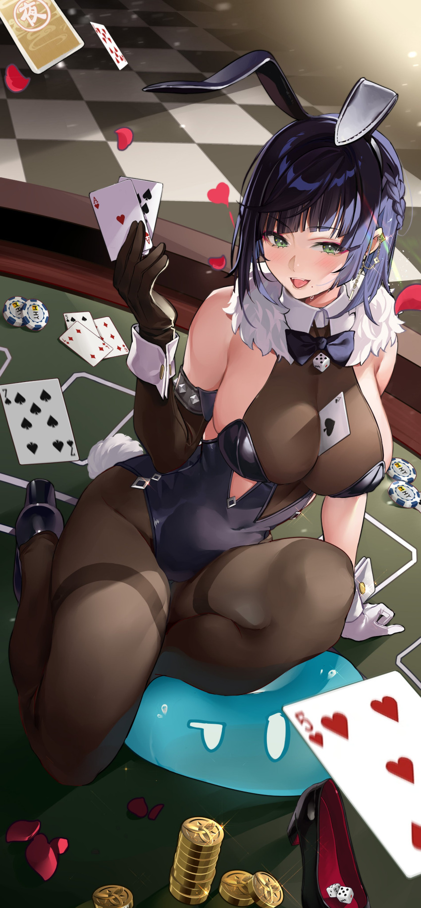 1girl absurdres animal_ears asymmetrical_gloves bangs bare_shoulders between_breasts black_gloves black_hairband black_legwear blue_bow blue_bowtie blue_hair blue_leotard blush bow bowtie breasts card earrings elbow_gloves eyebrows_visible_through_hair fake_animal_ears fur_collar genshin_impact gloves green_eyes hairband highres jewelry kikimi large_breasts leotard looking_at_viewer mole mole_under_mouth open_mouth pantyhose playboy_bunny playing_card poker_chip sitting slime_(genshin_impact) smile solo white_gloves wrist_cuffs yelan_(genshin_impact)