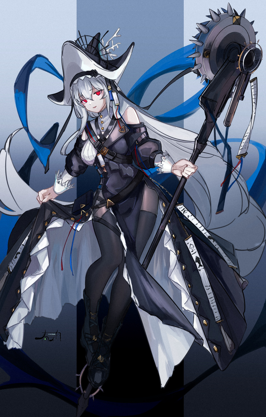1girl absurdres arknights bangs bare_shoulders black_dress black_footwear black_headwear black_legwear blue_background boots breasts circular_saw clothing_cutout dress eyebrows_visible_through_hair frilled_dress frills full_body gradient gradient_background grey_background grey_hair harukan_tiusu highres holding holding_weapon knee_boots long_hair long_sleeves looking_at_viewer medium_breasts pantyhose parted_lips pelvic_curtain red_eyes shoulder_cutout signature skirt_hold solo specter_(arknights) specter_the_unchained_(arknights) very_long_hair weapon
