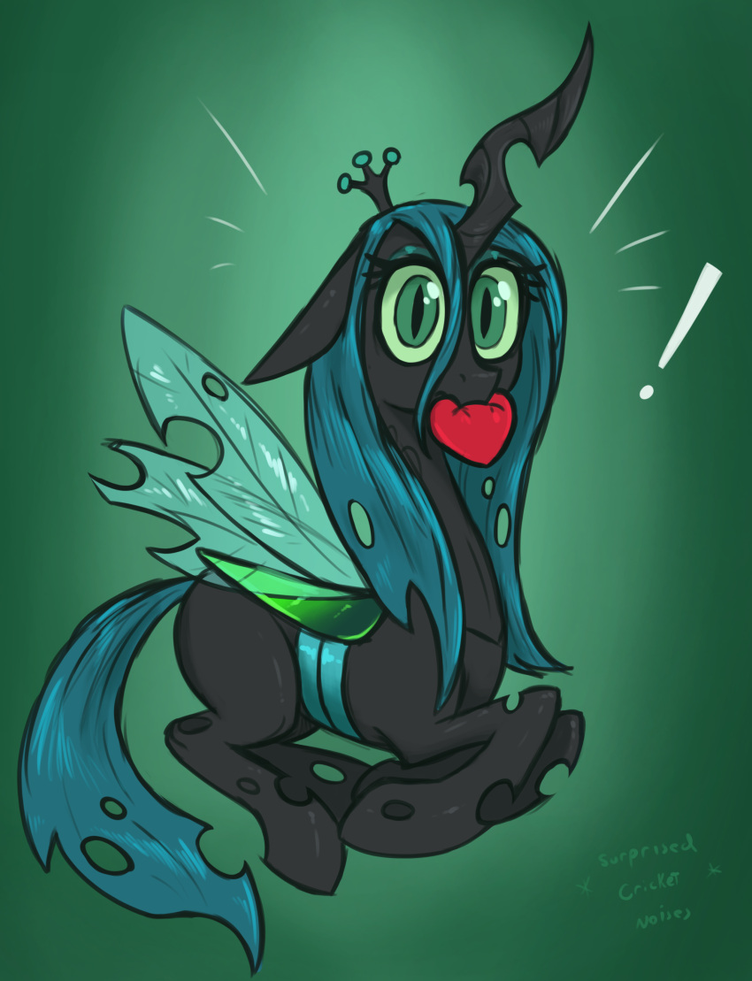 &lt;3 absurd_res arthropod black_body blue_hair blue_tail changeling crown digital_media_(artwork) exclamation_point eyelashes female feral friendship_is_magic green_eyes green_sclera hair hasbro hi_res horn insect_wings lying mouth_hold my_little_pony notched_wings queen_chrysalis_(mlp) solo t72b wide_eyed wings