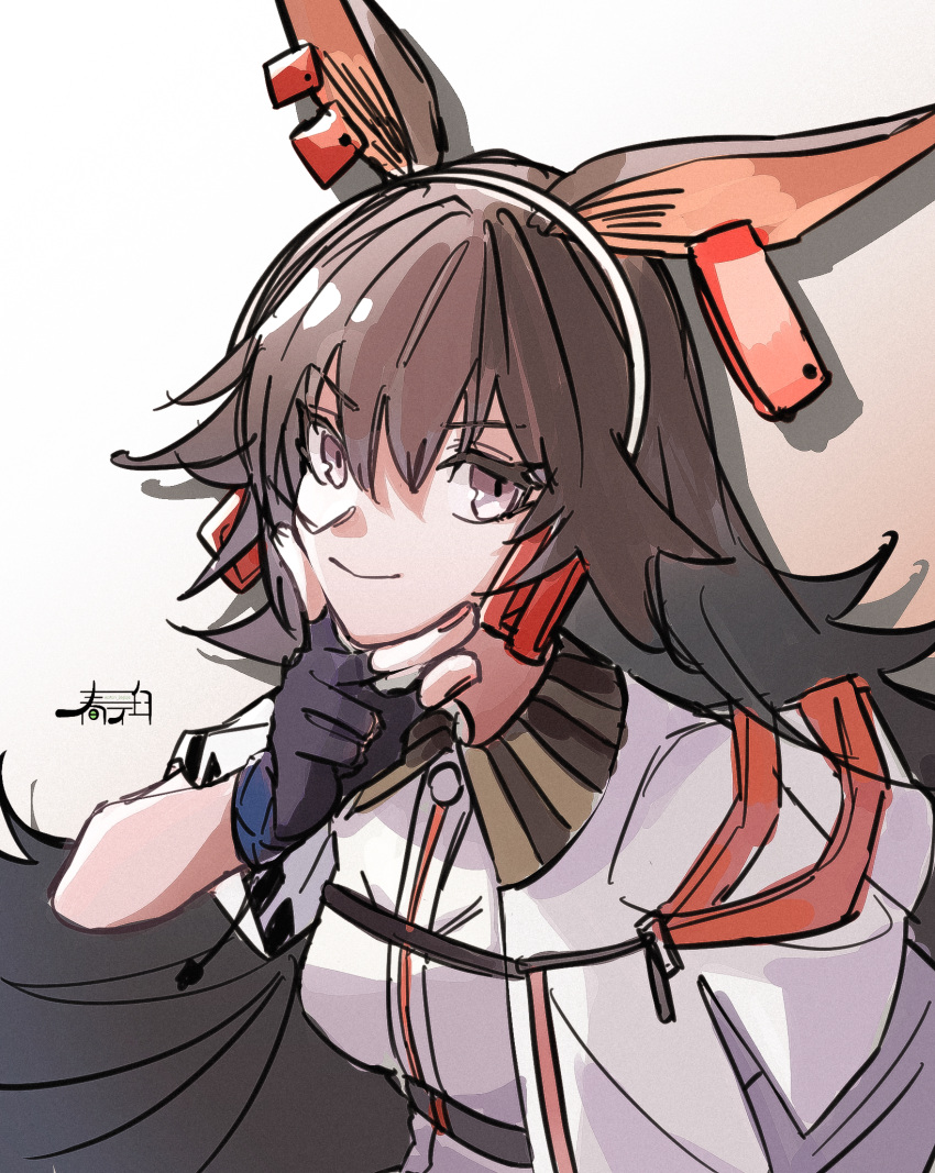 &gt;:) 1girl animal_ears april_(arknights) arknights bangs black_gloves brown_background brown_hair closed_mouth earclip eyebrows_visible_through_hair fingerless_gloves gloves gradient gradient_background hair_between_eyes hand_up harukan_tiusu highres jacket long_hair looking_at_viewer open_clothes open_jacket purple_eyes shirt short_sleeves signature smile solo v-shaped_eyebrows very_long_hair white_background white_jacket white_shirt