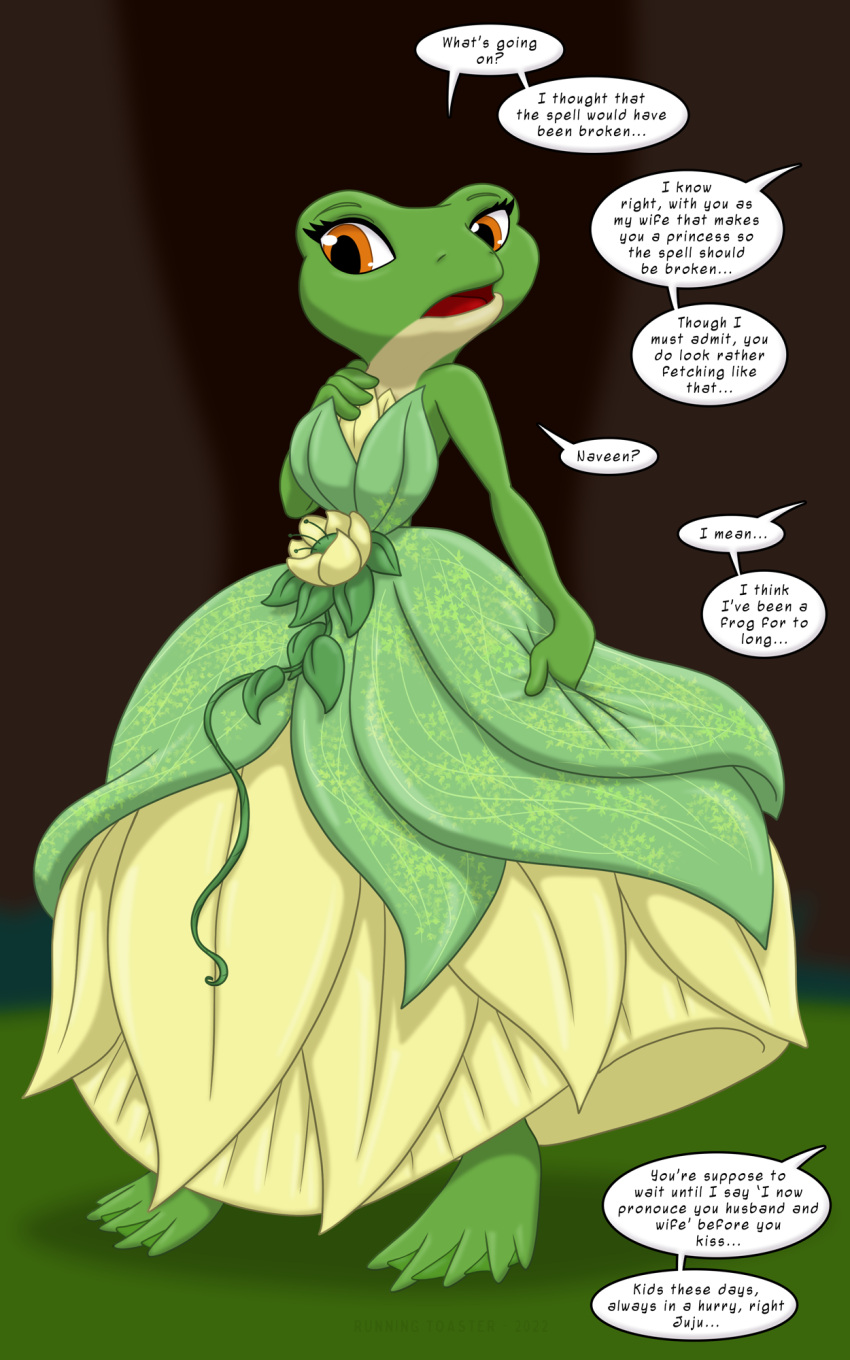 after_transformation amphibian anthro barefoot blush breasts brown_eyes clothed clothing disney disney_princess dress eyelashes feet female feral frog green_body green_clothing hand_on_breast hi_res lily_pad membrane_(anatomy) plant princess princess_tiana royalty runningtoaster solo standing surprise surprised_expression swamp the_princess_and_the_frog transformation webbed_feet wedding wedding_dress