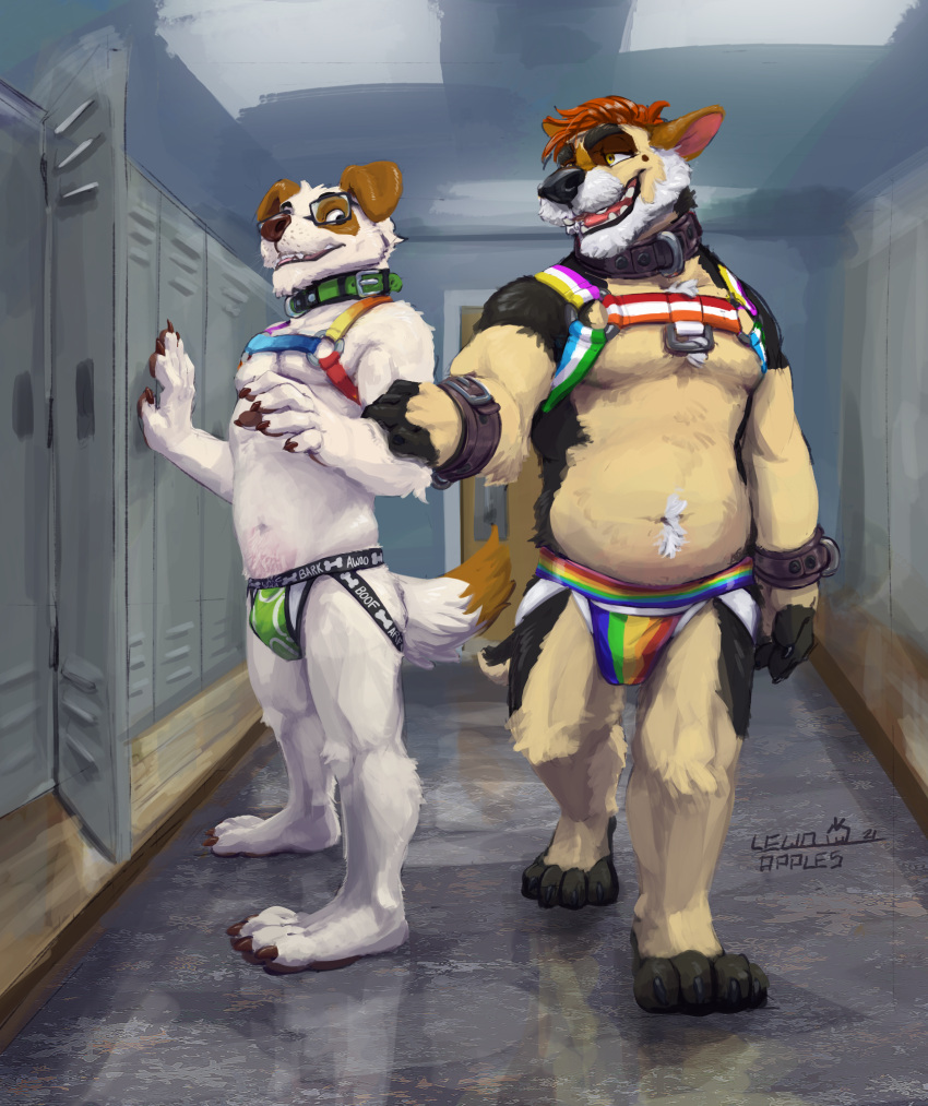 absurd_res anthro apfelskai bulge canid canine canis clothing domestic_dog duo eyewear glasses hi_res jockstrap locker_room male mammal martinidog underwear