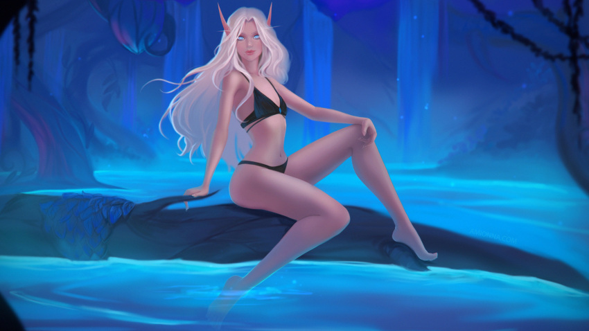 1girl absurdres amionna bikini black_bikini blue_eyes colored_skin commission fantasy flat_chest full_body highres lake lips long_eyebrows long_hair looking_at_viewer lorisa_leydorel mole mole_under_mouth navel original outdoors pink_skin pointy_ears sitting soaking_feet solo swimsuit tree warcraft water waterfall white_hair world_of_warcraft