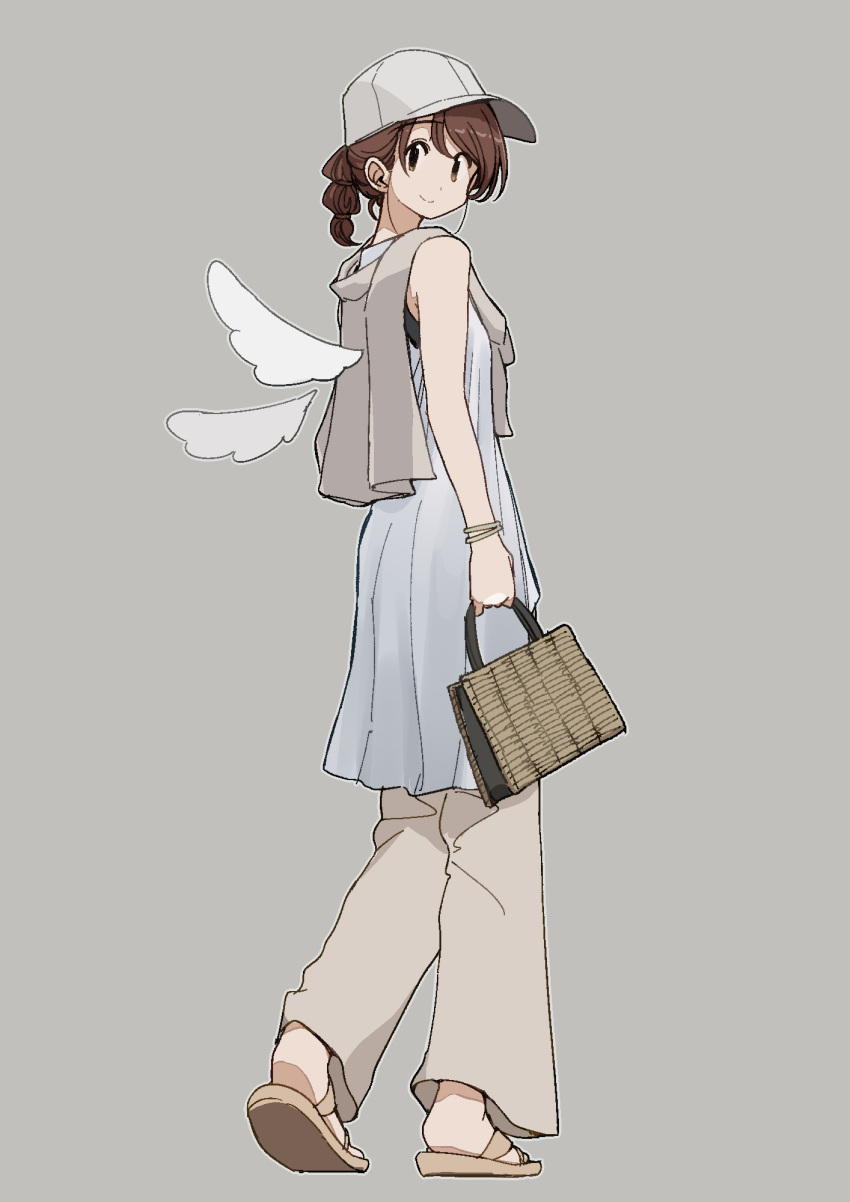 1girl angel_wings azumaya_toushirou bag bangs bare_arms bare_shoulders baseball_cap bracelet brown_eyes brown_footwear brown_hair brown_pants commentary_request dress feet flip-flops full_body grey_background handbag hat highres jacket_around_neck jewelry looking_at_viewer looking_back medium_hair original pants sandals short_ponytail simple_background smile solo walking white_dress white_headwear white_wings wings