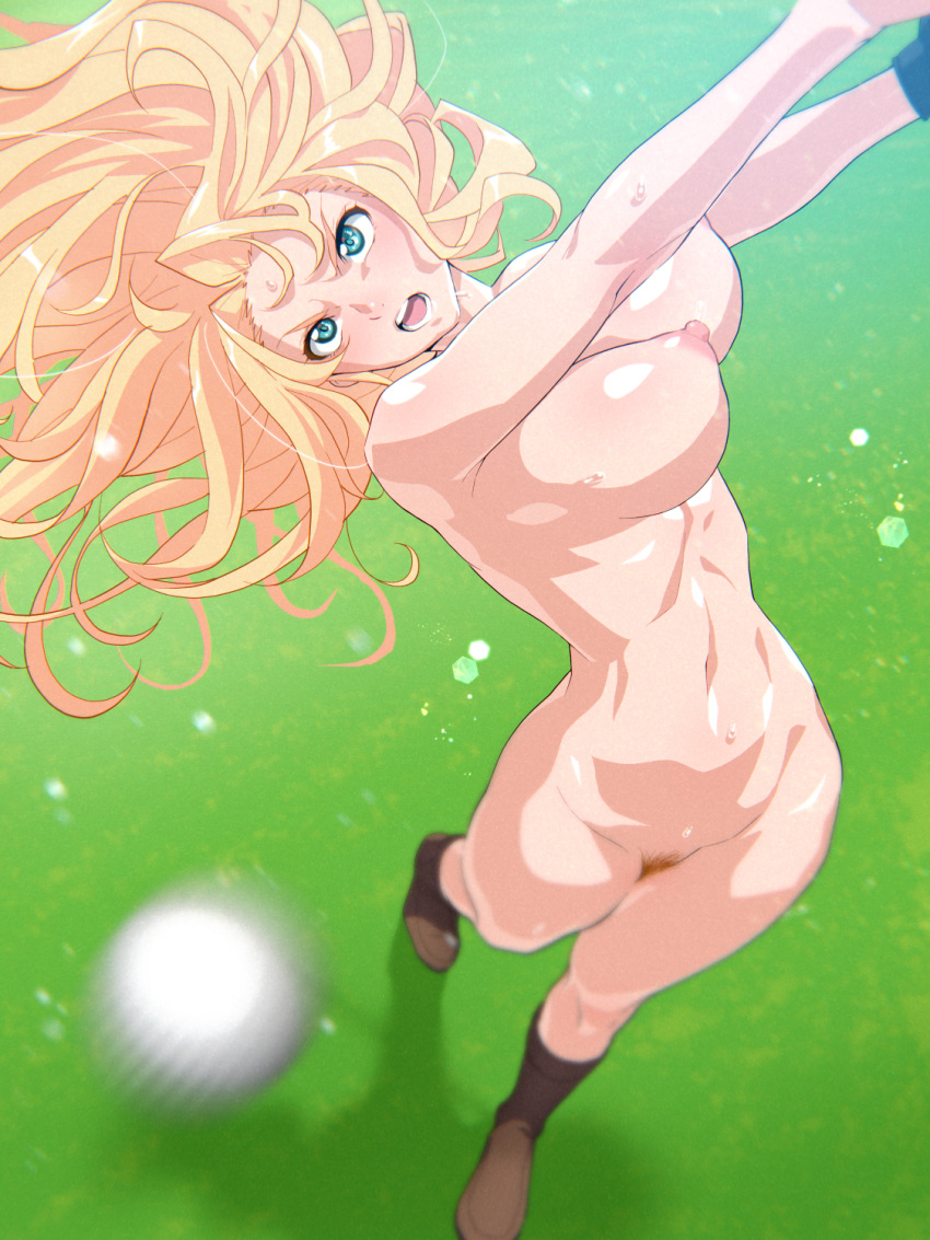 1girl ball bar_censor bare_arms bare_back bare_shoulders birdie_wing:_golf_girls'_story bottomless breasts censored completely_nude don_(rg06268) eve_(birdie_wing) golf golf_ball golf_club golf_course grass highres holding holding_golf_club midriff navel nipples no_bra no_panties nude pubic_hair pussy topless zenra