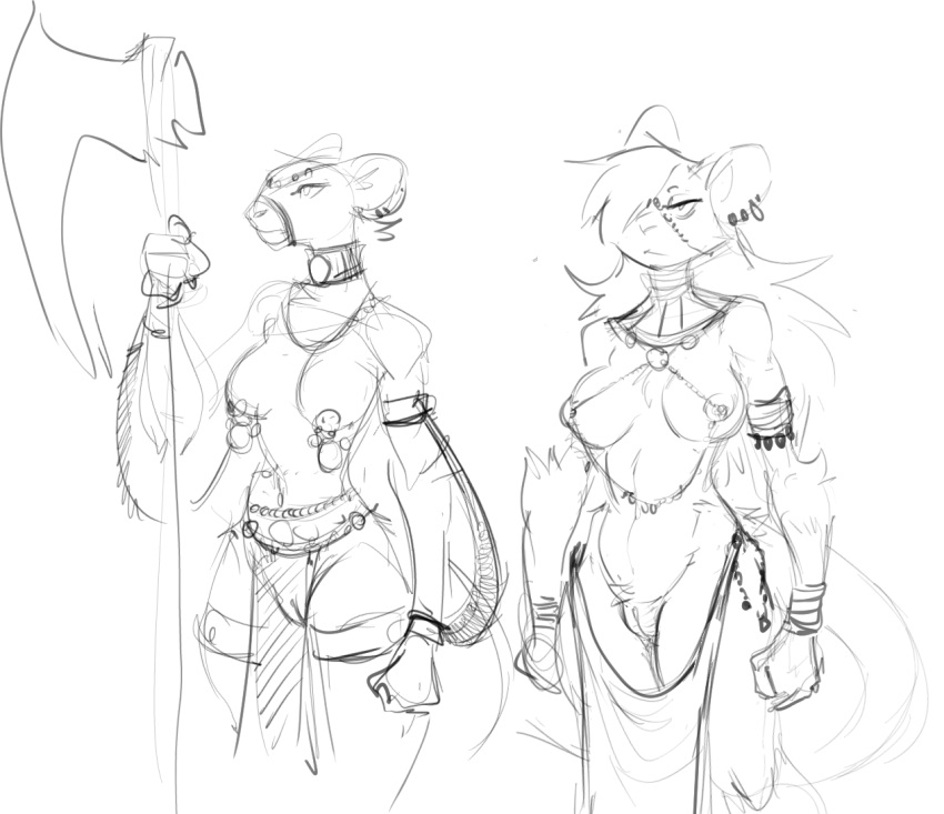 2022 anthro axe bald bottomwear casual_exposure cleft_of_venus clothed clothing ear_piercing elbow_tufts female fist guoh hair holding_object holding_weapon ineffective_loincloth jewelry loincloth mammal melee_weapon murid murine necklace nipple_chain nipple_piercing nipples nude piercing pubes rat rodent simple_background skimpy standing translucent_loincloth tribal_clothing weapon white_background