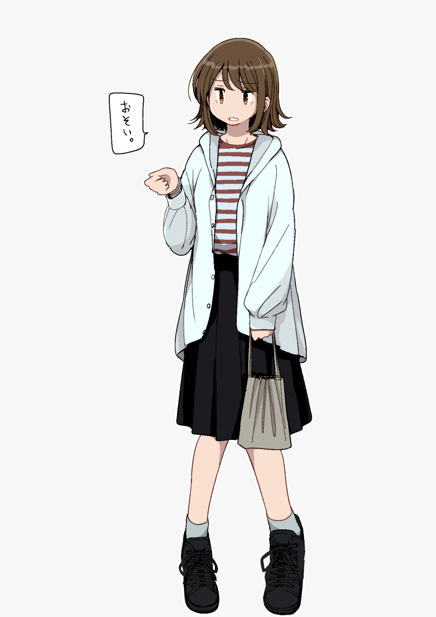 1girl azumaya_toushirou bag bangs black_footwear black_skirt brown_eyes brown_hair commentary_request eyebrows_visible_through_hair full_body handbag highres hood hooded_jacket horizontal_stripes jacket knees_together_feet_apart medium_skirt open_clothes open_jacket open_mouth original pleated_skirt red_shirt shirt shoes short_hair simple_background skirt socks solo speech_bubble standing striped striped_shirt swept_bangs teeth translation_request white_background white_shirt white_stripes