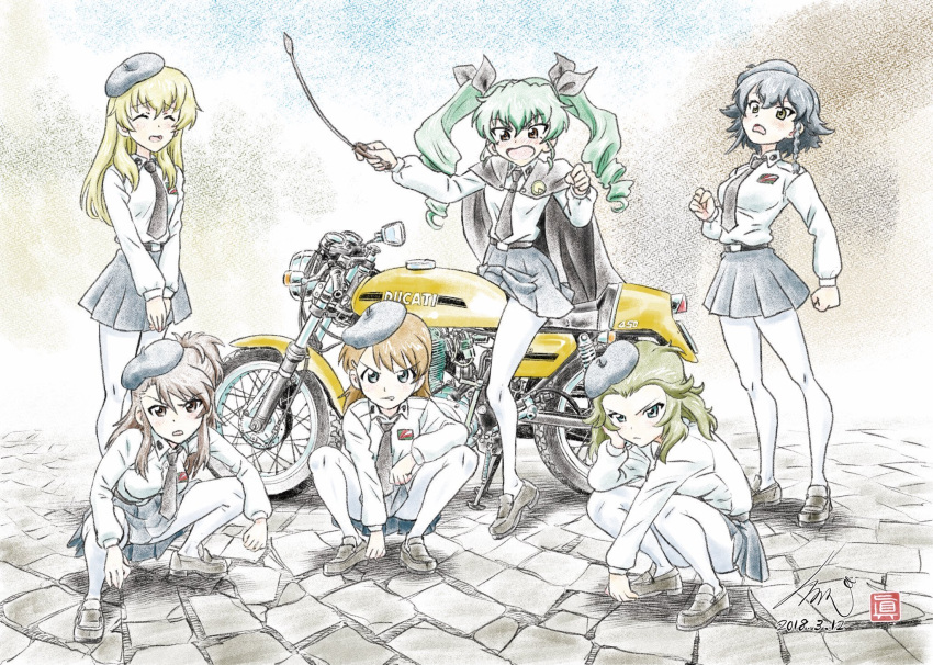 6+girls amaretto_(girls_und_panzer) anchovy_(girls_und_panzer) angry anzio_school_uniform artist_name asymmetrical_bangs bangs belt beret black_belt black_cape black_footwear black_hair black_headwear black_necktie black_ribbon black_skirt blonde_hair blush braid brown_eyes brown_hair cape carpaccio_(girls_und_panzer) closed_eyes closed_mouth dated day dress_shirt drill_hair ducati ducati_450_desmo embarrassed emblem eyebrows_visible_through_hair frown gelato_(girls_und_panzer) girls_und_panzer glaring green_hair hair_ornament hair_ribbon hairclip hat head_rest highres kubota_shinji loafers long_hair long_sleeves looking_at_viewer medium_hair miniskirt multicolored_background multiple_girls necktie open_mouth outdoors panettone_(girls_und_panzer) pantyhose pepperoni_(girls_und_panzer) pleated_skirt red_eyes ribbon riding riding_crop road school_uniform shirt shoes short_hair side_braid signature skirt smile squatting standing street twin_drills twintails v-shaped_eyebrows v_arms watermark white_legwear white_shirt