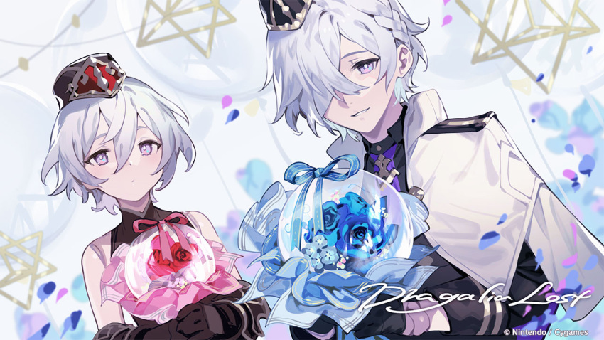 1boy 1girl balloon black_gloves black_headwear blue_flower blue_rose bouquet braid brother_and_sister dragalia_lost flower gloves hair_over_one_eye holding holding_bouquet laxi_(dragalia_lost) light_purple_eyes long_sleeves looking_at_viewer mascula_(dragalia_lost) official_art petals red_flower red_rose rose short_hair siblings sleeveless smile white_hair