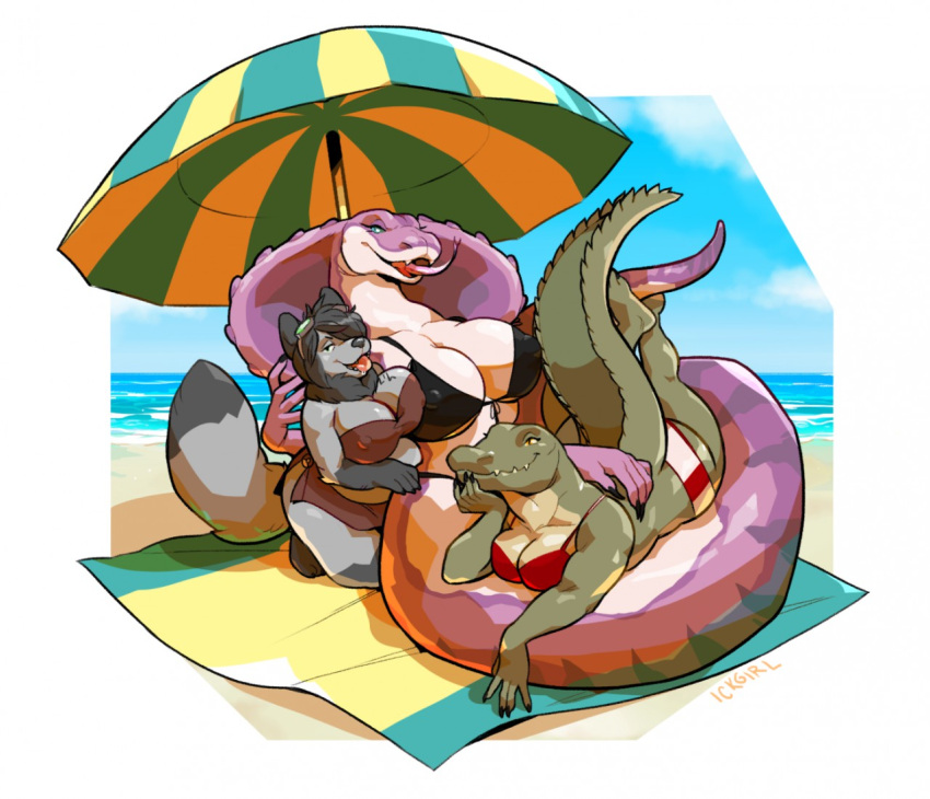 anthro apode beach big_breasts bikini breast_size_difference breast_squish breasts canid canine canis clothing crocodile crocodilian crocodylid draconcopode female group ickgirl legless long_body long_tongue lying mammal naga nipple_outline on_front outside pink_body reptile scalie seaside serpentine size_difference snake snake_hood squish swimwear tongue tongue_out towel trio umbrella wolf yesenia_(character)